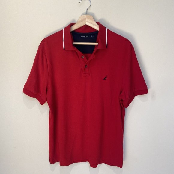 Nautica Red Striped Collar Polo Men’s Size M - Picture 2 of 10